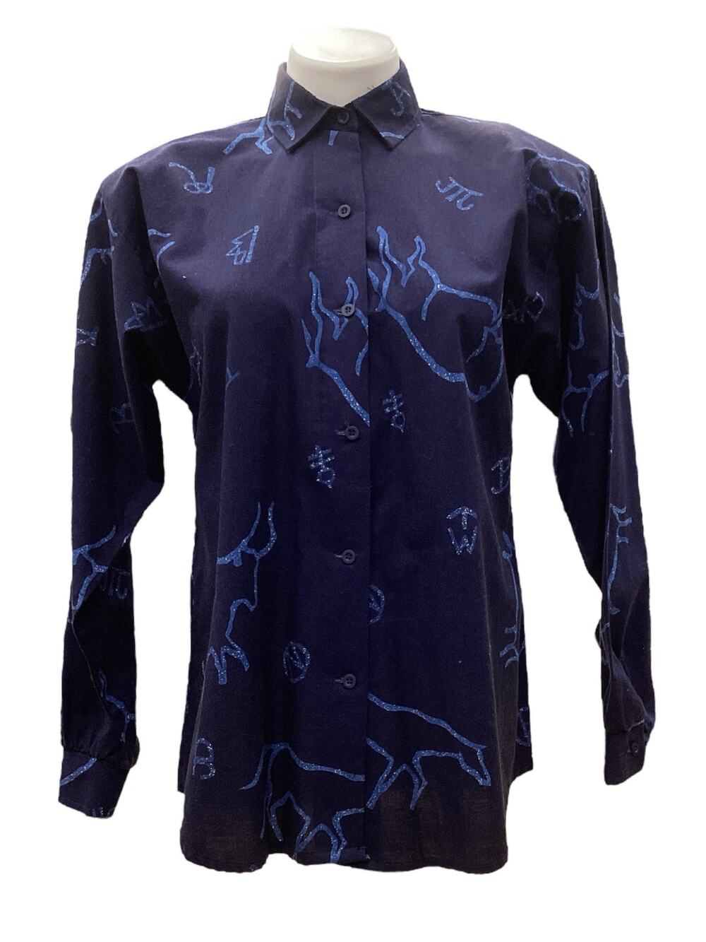 Vintage Roper Women’s Top Size M Cotton Button Down Bull Motif Dark Blue